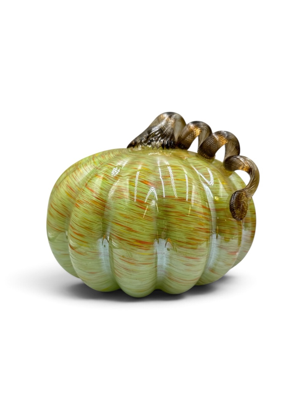 Vintage Hand Blown Art Glass Green Pumpkin Applied Curly Stem Fall Decor